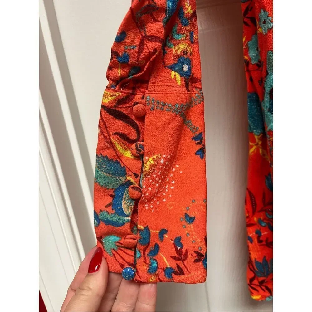 Free People Take Me Away Orange Hi-Lo long Sleeve Mini Boho Dress sz XS EUC